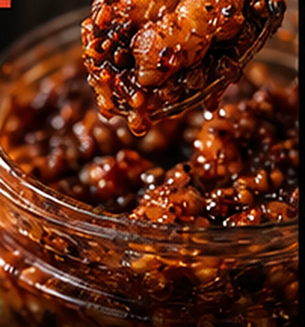 A spoonful of Lonche lifted from the jar, whole prawns glossy with masala