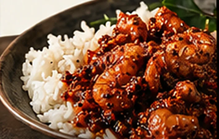 Lonche prawns spooned beside steamed rice in a dark bowl