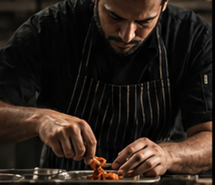 A chef plating prawns by hand in a dark kitchen